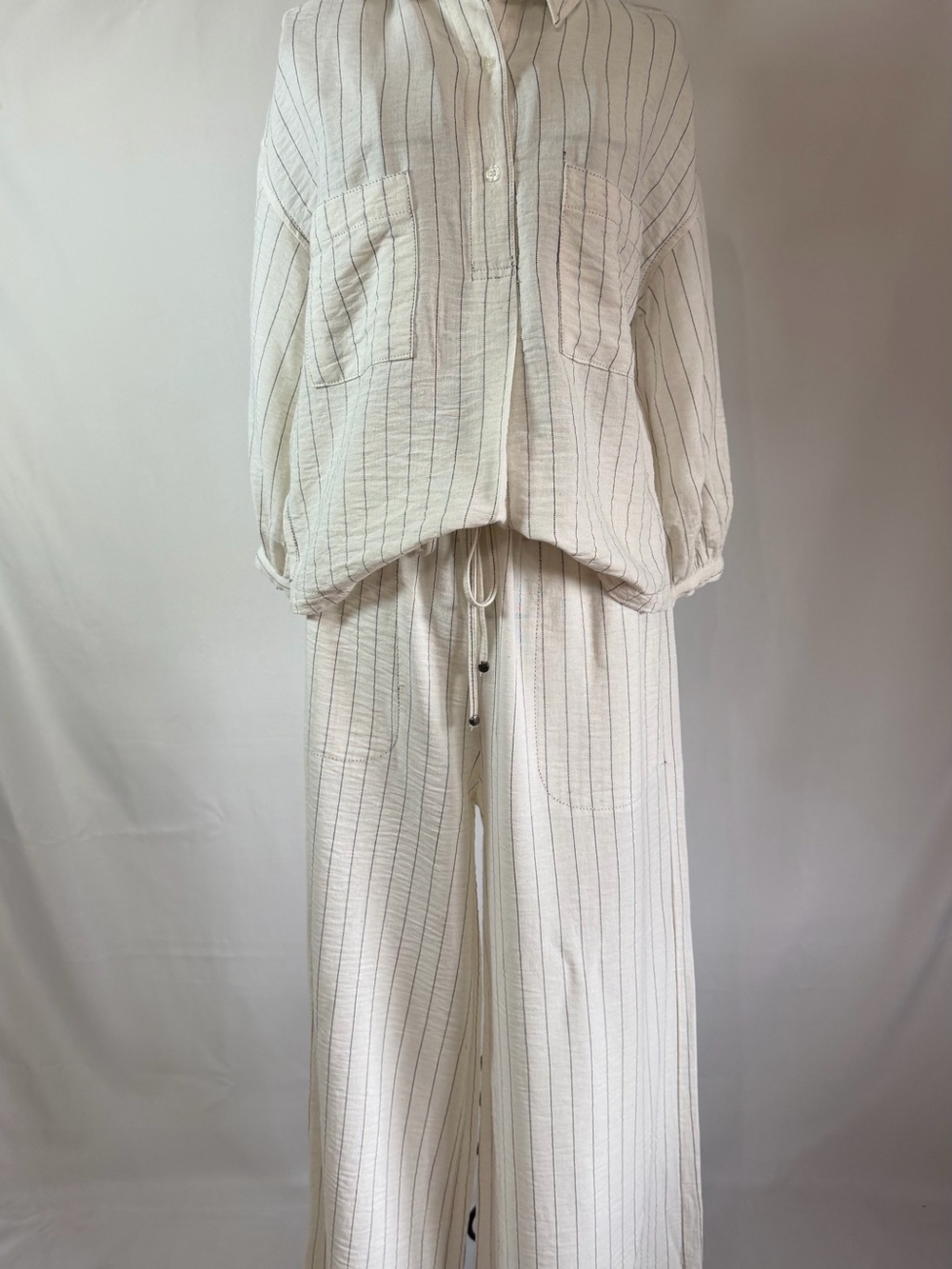 Max Studio Cream Pinstripe Wide-Leg Drawstring Pants